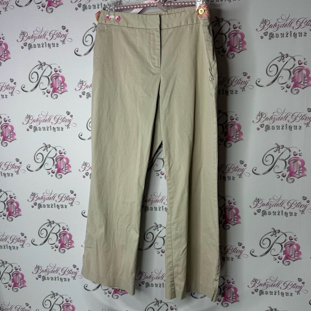 Sigrid Olsen floral detail flowers pink Tan Pants with Pink Trim cropped capri